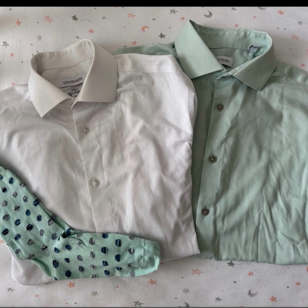 Calvin Klein Men's White and Mint Green Dress Shirts